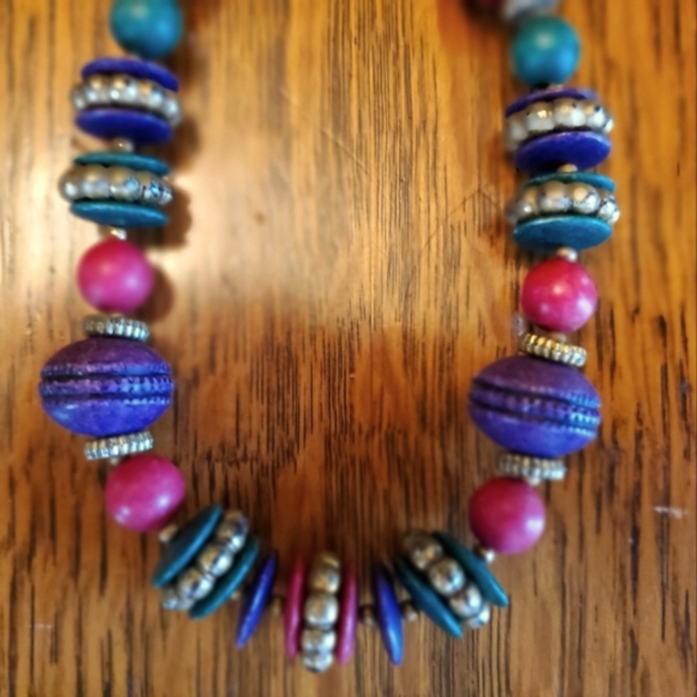 Hand Paintewooden beads necklace.  70s80s colorful red, green, purple painted